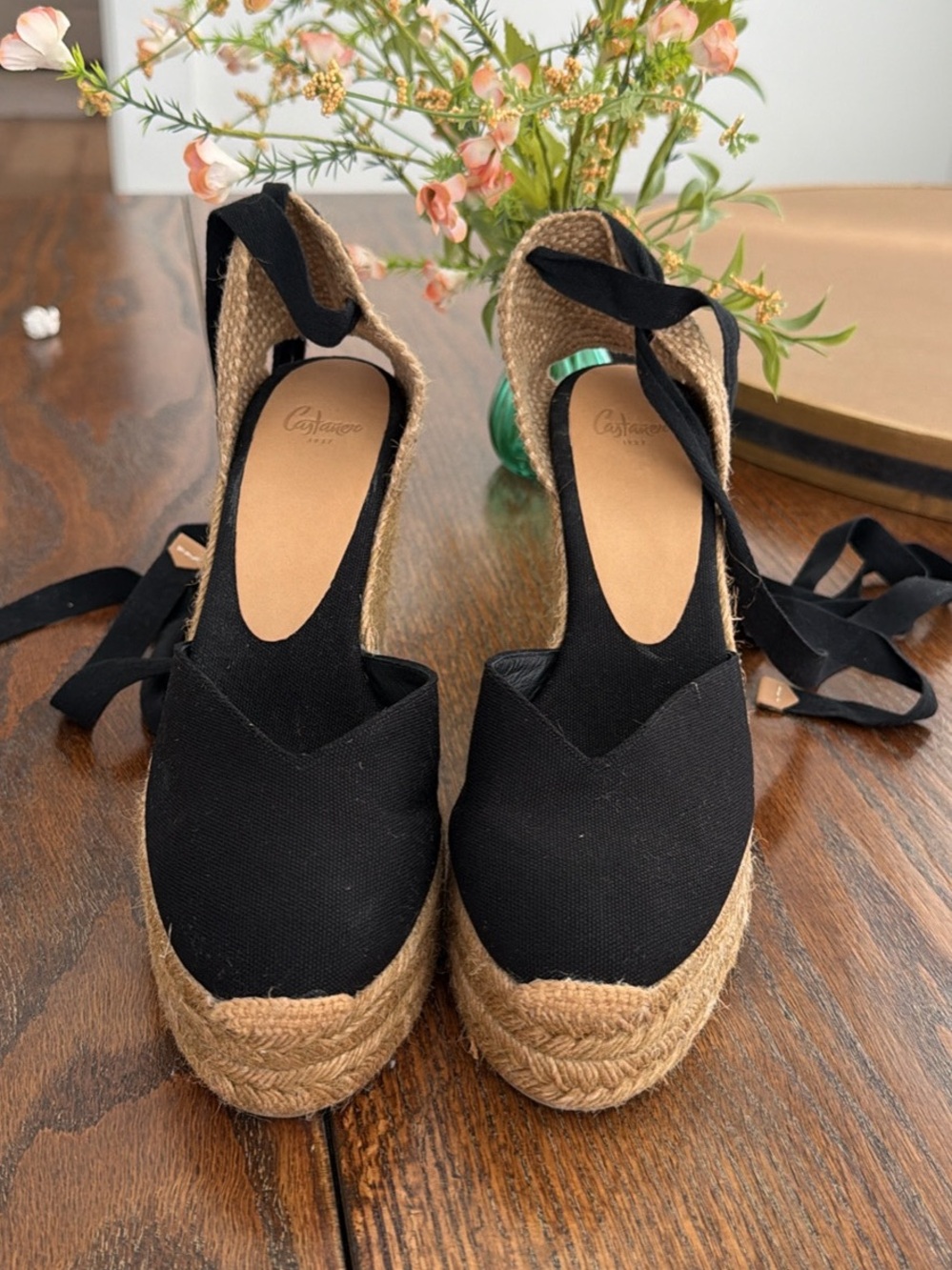 Castaner Black Canvas Espadrille Wedges with Jute Platform and Ankle Ties